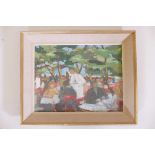 Renaud, oil on board, French impressionist landscape, figures lunching outside a restaurant,