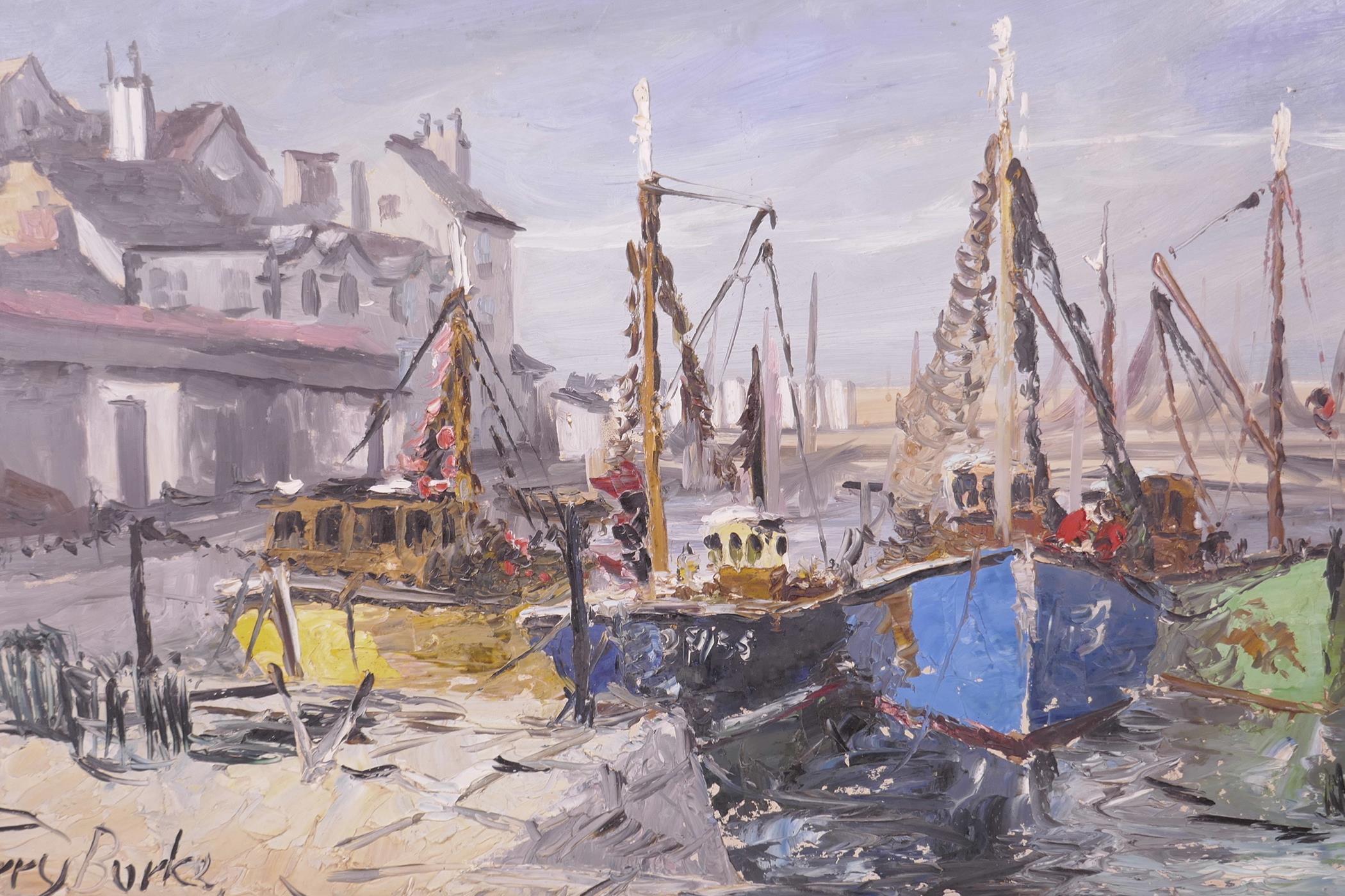 Terry Burke, oil on board, harbour scene (possibly Brixham), together with an H.W. Waters, '59'