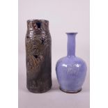 A Royal Doulton Art Nouveau cylinder vase, A/F, together with a Royal Doulton blue glazed liqueur