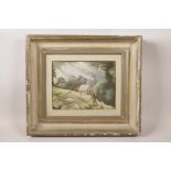 Attributed to Alexander C. Gould, oil painting, figures working on a hillside (inscribed verso), 10"