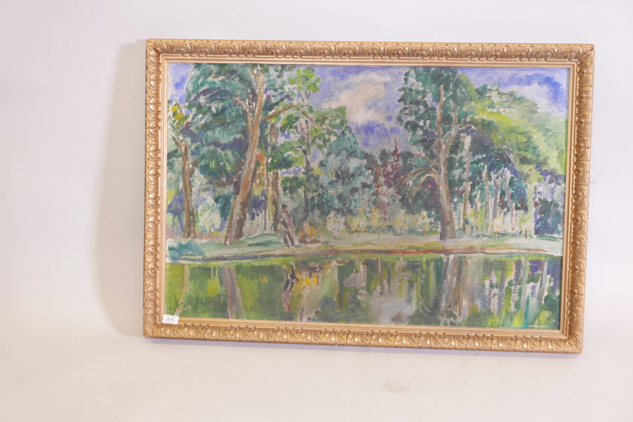 Oil on board, mid C20th landscape with figures by a lake, signed L. Hunt, 24" x 37" - Image 2 of 3