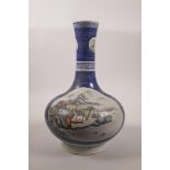 A Chinese blue and white porcelain bottle vase with two decorative famille verte panels depicting