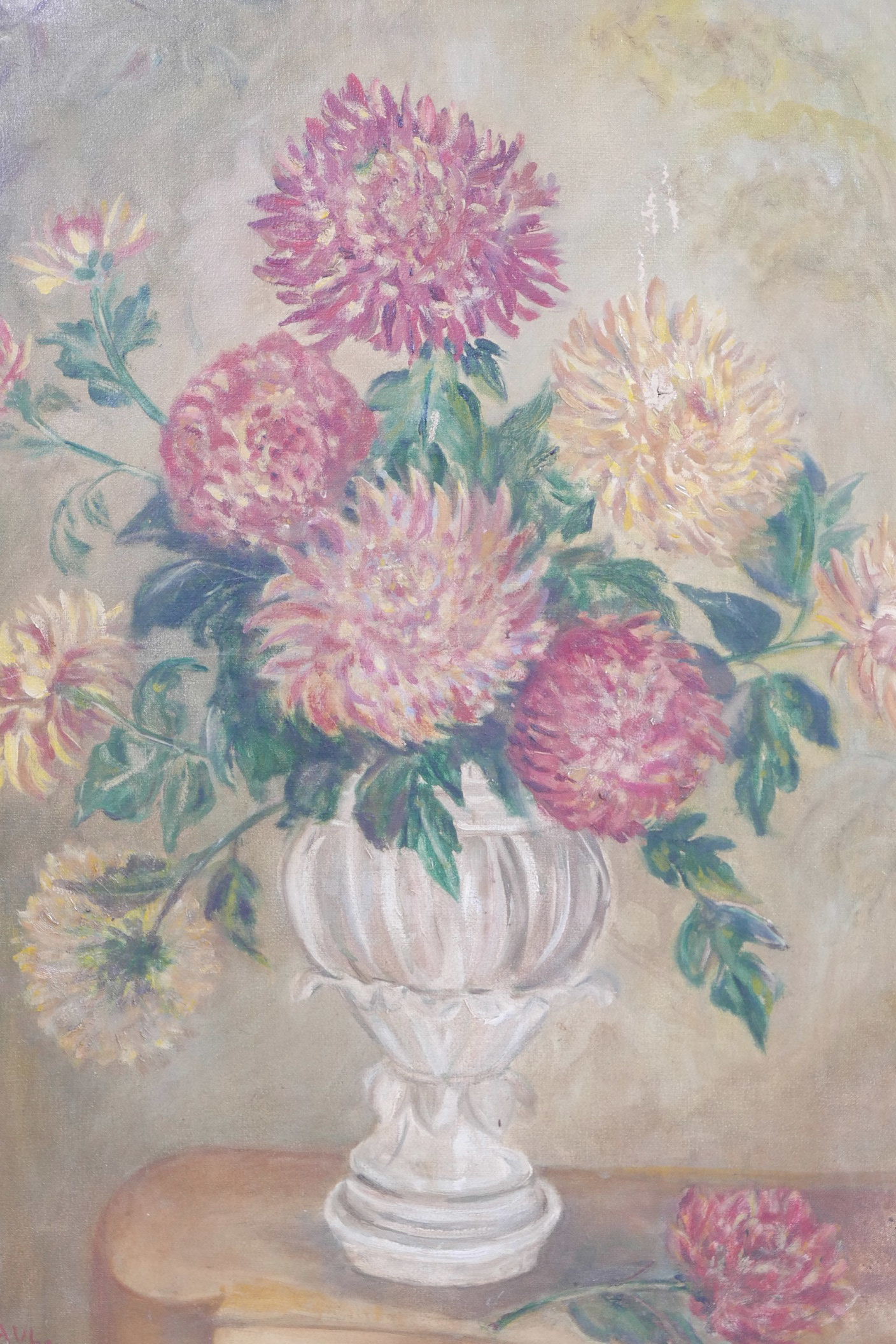 C. Paul, still life, vase of chysanthemums, signed, 30" x 24"