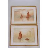 A pair of watercolours, fishing smacks off the Dover coast with the White Cliffs to background,