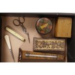 A box of bijouterie including a walnut obelisk thermometer, Mauchline Ware etc