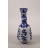 A Chinese blue and white porcelain vase of unusual form with floral decoration, seal mark to base,