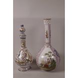 A Continental porcelain long necked bottle vase decorated with panels of romantic figures and