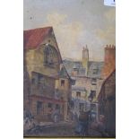C19th oil on card, street scene with workmen, unsigned, in a good gilt frame, 10" x 8"