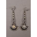 A pair of silver, marcasite and opalite set Art Deco style drop earrings, 2" drop
