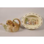 A Royal Doulton Bunnykins teapot, 8" long, together with a Bunnykins oval bowl