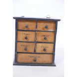 A late C19th/early C20th fruitwood spice drawer with ebonised details, 9" x 4" x 9"