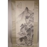 A Chinese monochrome watercolour scroll depicting a riverside scene with distant mountains, 15" x