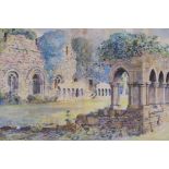 Monk, watercolour, abbey ruin, signed, 19" x 13"