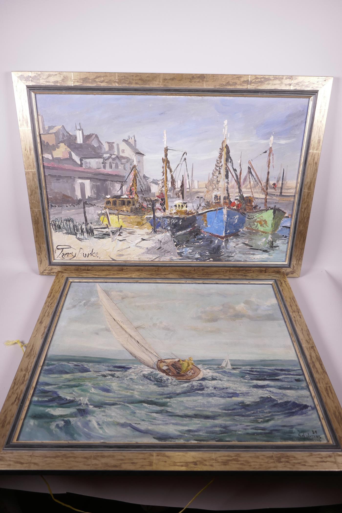 Terry Burke, oil on board, harbour scene (possibly Brixham), together with an H.W. Waters, '59' - Image 5 of 5