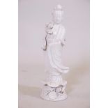 A blanc de chine figure of Quan Yin, lacks left hand, 20" high