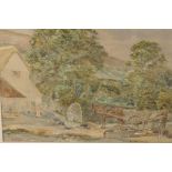 A C19th watercolour, farmyard scene with apple cart, in a good maple frame, signed with a