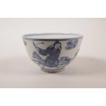 A Chinese blue and white porcelain rice bowl decorated with figures in a landscape, 6 character mark