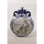 A Chinese blue and white triple stem moon flask with two handles and famille verte decorative panels