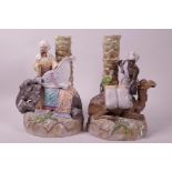 A pair of Continental porcelain tazza/lamp bases in the form of Arab traders, one with an