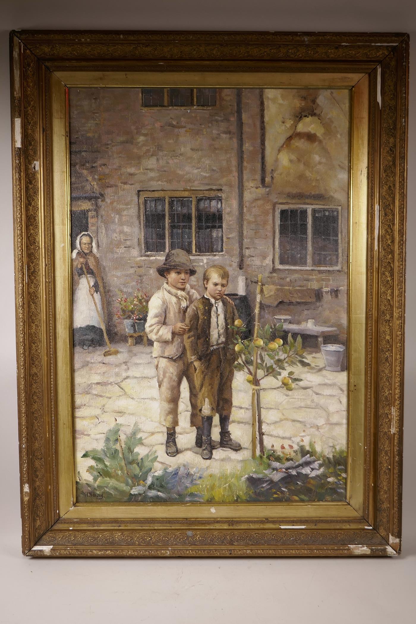 In the manner of Harold Harvey, Newlyn School, oil on board, boys in a farm yard, 20" x 30" - Image 2 of 3