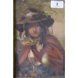 C19th oil on millboard, woman in a bonnet, unsigned, in a good gilt frame, label verso 'Let me