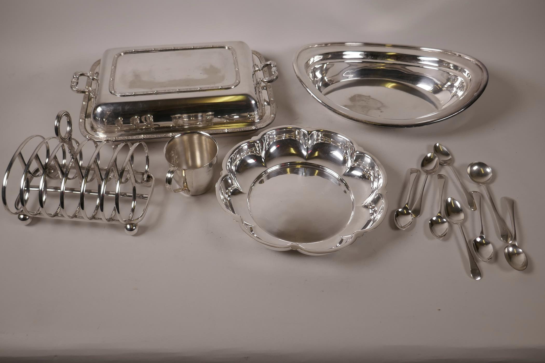 A quantity of good quality silver plated items including entree dish, toast rack etc