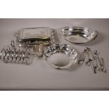 A quantity of good quality silver plated items including entree dish, toast rack etc