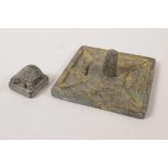 A Chinese bronze seal with applied gilt and verdigris patina, together with another smaller, 3" x 3"