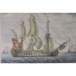 A hand coloured print after the original, An exact view of the Glorioso, a Spanish Man of War of