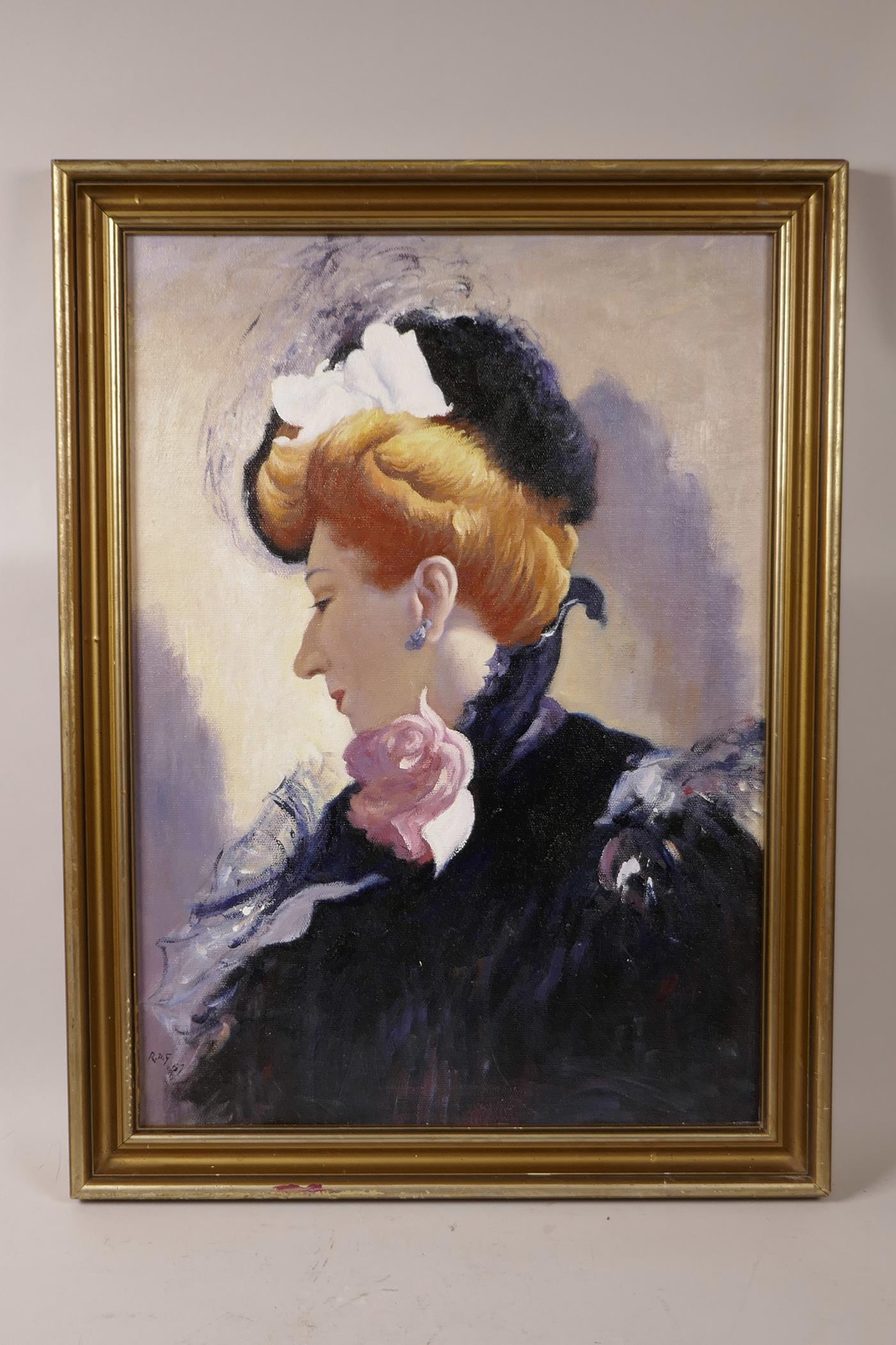 An oil on board, impressionist portrait of a woman in black with red hair, initialled RDG, 14" x 20" - Image 2 of 3