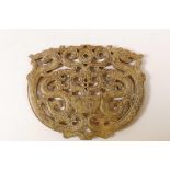 A Chinese hardstone pendant with carved and pierced archaic style dragon decoration , 4½" x 3½"