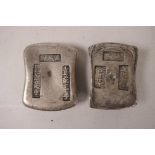 A Chinese white metal trade token/ingot, and another, both with impressed character marks, 2½" x 2"