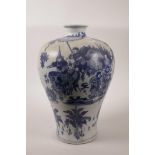 A Chinese blue and white porcelain meiping vase decorated with warriors in a landscape, 13½" high