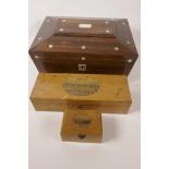 A sarcophagus shaped rosewood sewing box inlaid with mother of pearl, with satin lined fitted
