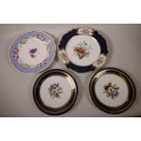 Four C19th porcelain cabinet plates painted with flowers, largest 11" diameter