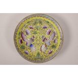 A Chinese polychrome porcelain cabinet dish decorated with hummingbirds and flowers, 6 character