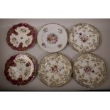 Six C19th porcelain cabinet plates hand painted with flowers, 9" diameter