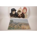 Two unframed Russian School oils on card, portrait of three children, and view across a landscape,