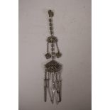 A Chinese white metal chatelaine pendant decorated with bats and carp etc, 12½" drop
