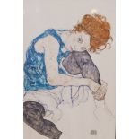 A colour print after Egon Schiele, seated woman with legs drawn up, 24" x 15"