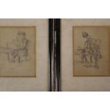 A pair of pencil sketches of Dickensian figures, 3½" x 5"