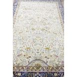 A large ivory ground Kashmir carpet decorated with tree of life design, 132" x 94"
