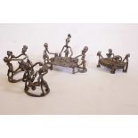 Four Benin style metal figure groups, the doctor, the dentist, the death and the operation, 4" high