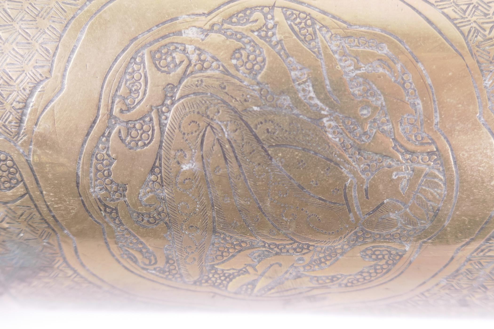 Trench Art, a brass shell case engraved with panels of figures, Persian patterns and script, - Image 3 of 3