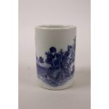 A Chinese blue and white porcelain brush pot decorated with a gentleman in a garden taking tea, 4