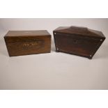 A C19th sarcophagus shaped rosewood tea caddy with mother of pearl inlay and bun feet, 10½" x 5½"