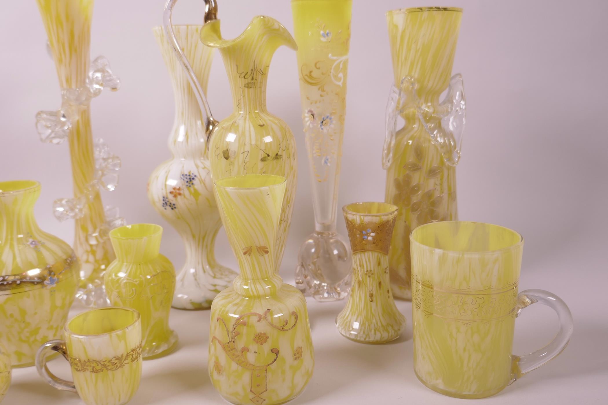 A collection of decorative yellow glass vases, many with enamelled decoration in the Beykoz - Image 3 of 3