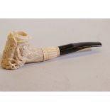 A pipe with carved bone bowl decorated with birds and foliage, 6" long