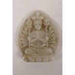 A Chinese jade pendant with carved decoration of a many armed goddess, 2"