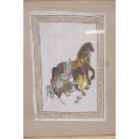An Indo-Persian watercolour on silk, three horses, 22" x 15"